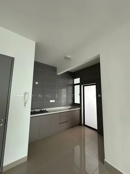 Kitchen features: grey cabinetry, white countertop, stainless-steel sink, chrome faucet, built-in gas hob, grey tiled backsplash, floor-to-ceiling windows, sliding glass door, ceramic tile flooring, recessed downlights; style: modern.