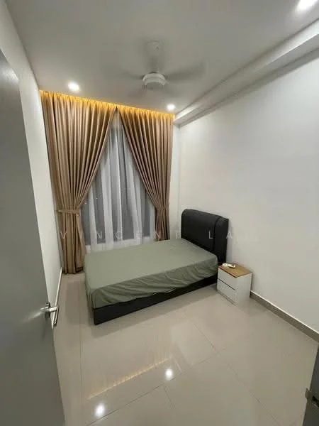 Bedroom features: queen-size bed with grey upholstered headboard, cream bed linens, white painted walls, light grey tile flooring, floor-to-ceiling windows with sheer curtains, curtains in light brown, ceiling fan, nightstand with drawer, decorative wall lighting, recessed ceiling lights; style: modern.