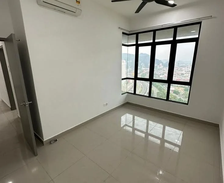 Room features: white painted walls, glossy ceramic tile flooring, floor-to-ceiling windows, mountain view, 1 wall-mounted split AC, ceiling fan, neutral color scheme, no visible furniture; style: modern; view: mountain.