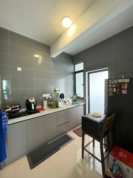 Kitchen features: grey tiled walls, white cabinetry, black countertop, single-bowl stainless-steel sink, chrome pull-down faucet, built-in stove, built-in oven, refrigerator, bar stool, window with natural light, tile flooring, kitchen mat, decorative items on countertop; style: modern.