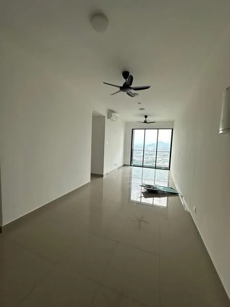 Room features: white painted walls, glossy ceramic tile flooring, 2 ceiling fans, floor-to-ceiling windows, city view, air conditioning unit, natural light; style: modern; view: city.