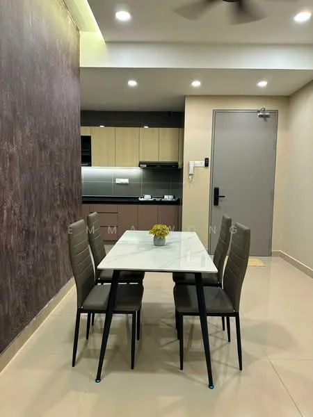 Dining features: 4-seater dining table with marble top, grey upholstered dining chairs, cream painted walls, dark accent wall, recessed LED downlights, kitchen cabinetry with wood finish, built-in kitchen appliances, sliding door, floor-to-ceiling windows, polished tile flooring; style: modern.