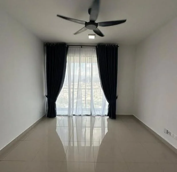 Room features: white painted walls, glossy ceramic tile flooring, 5-blade ceiling fan with light, floor-to-ceiling windows, sheer curtains, blackout curtains; style: modern; view: city.