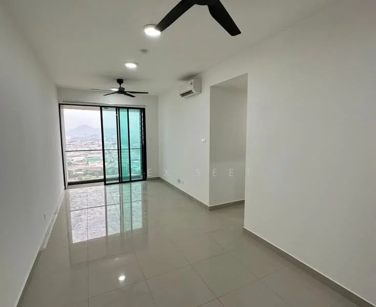 Living features: white painted walls, glossy ceramic tile flooring, 2 ceiling fans, floor-to-ceiling windows, sliding glass door, mountain view, air conditioning unit, neutral color scheme; style: modern; view: mountain.