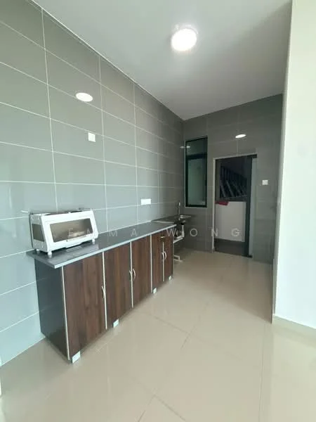 Room features: grey tiled walls, glossy beige floor tiles, wooden cabinetry with multiple doors, countertop with a flat surface, microwave on countertop, single-basin stainless-steel sink, modern light fixture on ceiling, door leading to another room; style: modern.