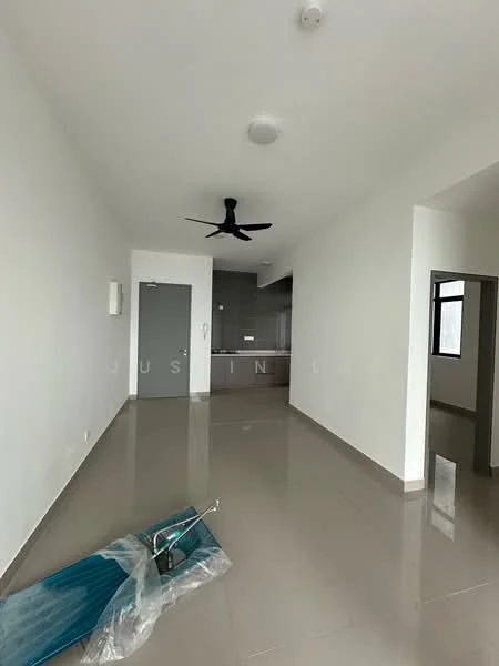 Room features: white painted walls, grey tiled flooring, 5-blade ceiling fan, recessed downlights, open kitchen area, kitchen cabinetry, door to the room, large window, no visible furniture; style: modern.