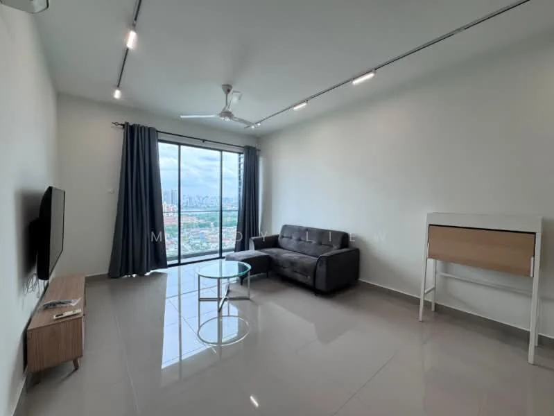 Living features: grey fabric sofa, glass coffee table, wall-mounted TV, wooden TV console, floor-to-ceiling windows, city view, recessed LED downlights, 5-blade ceiling fan, curtains, glossy tile flooring, neutral painted walls; style: modern; view: city.