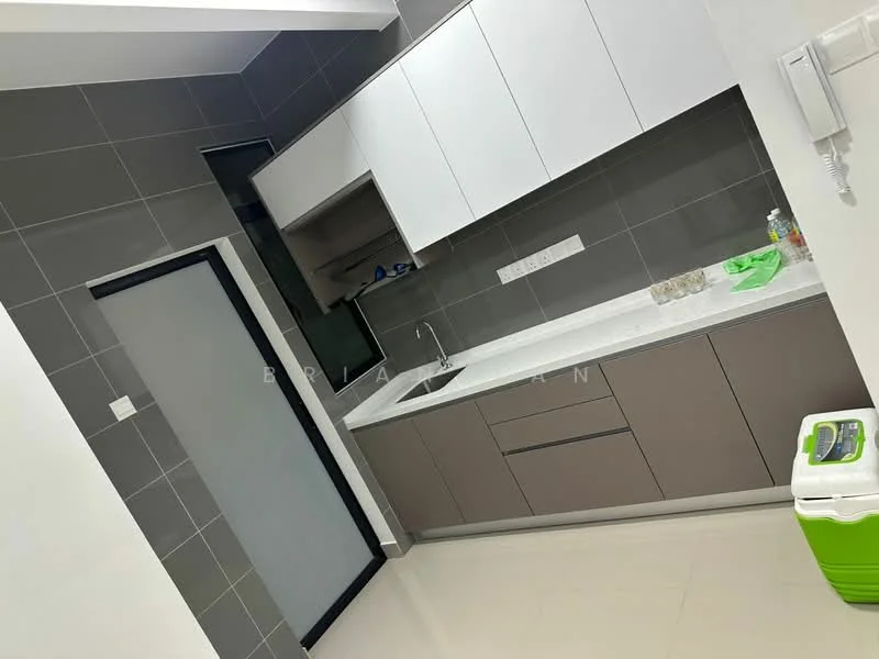 Kitchen features: white upper cabinets, brown lower cabinets, marble countertop, single-bowl stainless-steel sink, chrome pull-down faucet, built-in oven, ceramic tile backsplash, recessed downlights, sliding glass door, grey wall tiles, white walls, floor tiles, kitchen appliances visible; style: modern.