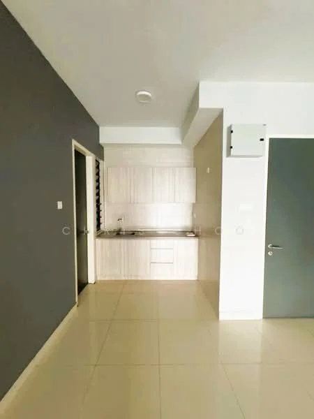 Kitchen features: light wood cabinetry, white countertop, single-bowl stainless-steel sink, chrome pull-down faucet, ceramic tile flooring, grey accent wall, recessed downlights, built-in kitchen appliances; style: modern. Room features: cream painted walls, floor-to-ceiling windows, neutral color scheme.