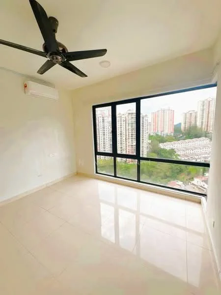 Room features: floor-to-ceiling windows, white painted walls, polished ceramic tile flooring, 5-blade ceiling fan, wall-mounted split AC, natural light from large window, city view from window; style: modern; view: city.