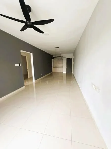 Room features: grey accent wall, white painted walls, polished ceramic tile flooring, 5-blade ceiling fan, recessed downlights, open layout, doorway leading to another room, built-in cabinetry in the background; style: modern.