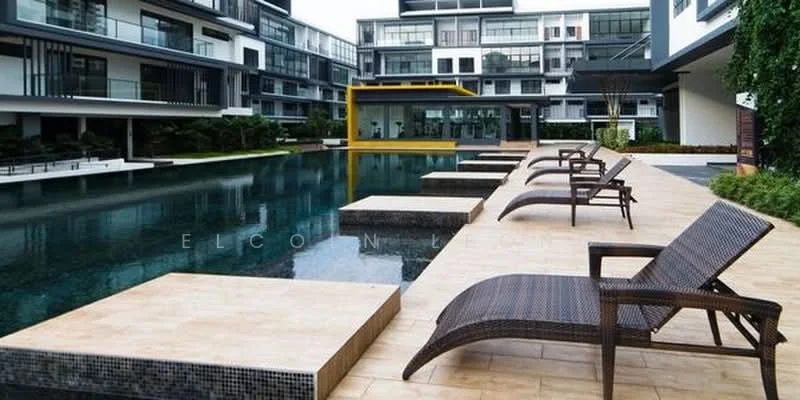 Exterior type: high-rise condominium; features: infinity pool, pool deck with loungers, landscaped garden, modern architecture, glass curtain wall, yellow feature building, manicured lawn, paved walkway; style: modern.