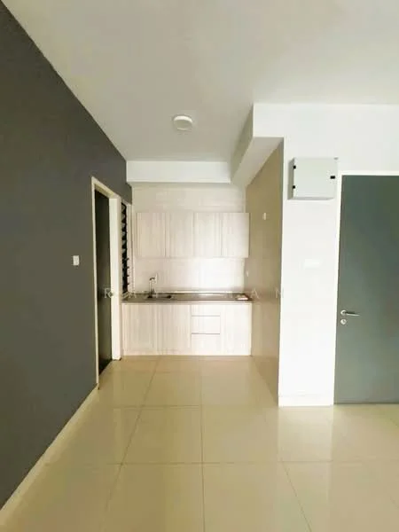 Kitchen features: light wood cabinetry, white tiled backsplash, single-bowl stainless-steel sink, chrome pull-down faucet, built-in countertop, ceramic tile flooring, recessed ceiling lights, neutral wall color; style: modern. Room features: grey painted walls, doorway leading to another room.