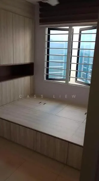 Bedroom features: built-in wardrobe with wood finish, platform bed with storage drawers, floor-to-ceiling windows, window with horizontal metal grilles, neutral wall colour, laminate flooring, roller blinds, decorative wall paneling; style: modern; view: city.