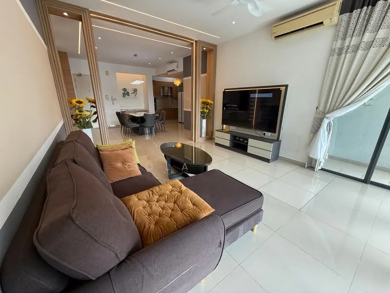 Living features: 3-seater fabric sofa in dark brown, decorative cushions, coffee table, wall-mounted TV, TV console in light wood, floor-to-ceiling windows, sheer curtains, recessed downlights, air conditioning unit, white tiled flooring, wall-mounted artwork, potted sunflowers; style: modern; view: city. Dining features: 4-seater round dining table, upholstered dining chairs, open-plan layout to kitchen, decorative wall art; style: modern. Kitchen features: kitchen island, stainless-steel appliances, built-in oven, microwave, cabinets in light wood, countertop in dark color, open shelving; style: modern.