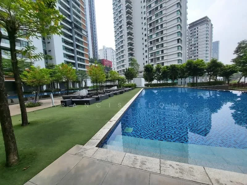 Exterior type: high-rise condominium; features: infinity pool, pool deck with loungers, manicured lawn, mature trees, surrounded by high-rise buildings, tiled pool surface, landscaped garden area; style: modern.