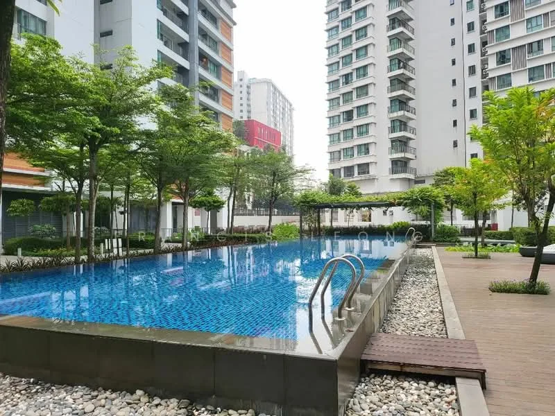 Exterior type: high-rise condominium; features: infinity pool, pool deck with loungers, landscaped garden with trees, stone-paved walkway, surrounded by high-rise buildings, water feature, outdoor seating area; style: modern.