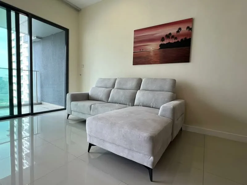 Living features: light grey fabric sectional sofa, ottoman with storage, white walls, large glass sliding door, glossy white tile flooring, framed artwork with palm trees, natural light from balcony, minimalist decor; style: modern; view: city.