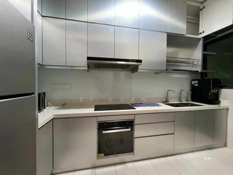 Kitchen features: stainless-steel appliances, double-bowl stainless-steel sink, chrome pull-down faucet, built-in oven, 4-burner gas hob, stainless-steel range hood, white quartz countertop, flat-panel grey cabinets, tile backsplash, recessed downlights, white tiled flooring, microwave, coffee machine; style: modern.