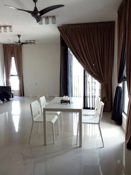 Dining features: white dining table, 4 white dining chairs, floor-to-ceiling windows, sheer curtains, blackout curtains, marble flooring, 5-blade ceiling fan, recessed downlights, decorative wall, neutral wall colour; style: modern; view: city. Living features: black sofa, coffee table, area rug, floor-to-ceiling windows, sheer curtains, blackout curtains, marble flooring, 5-blade ceiling fan, recessed downlights, neutral wall colour; style: modern; view: city.