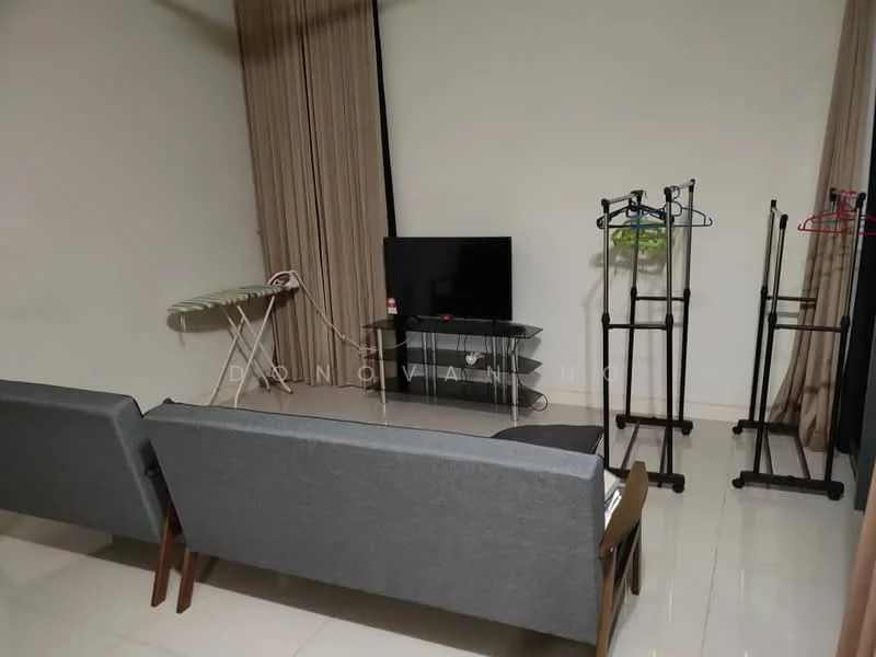 Living features: grey fabric 3-seater sofa, glass coffee table, wall-mounted TV, TV console, ironing board, clothes rack, floor-to-ceiling curtains, glossy tile flooring, neutral painted walls; style: modern.