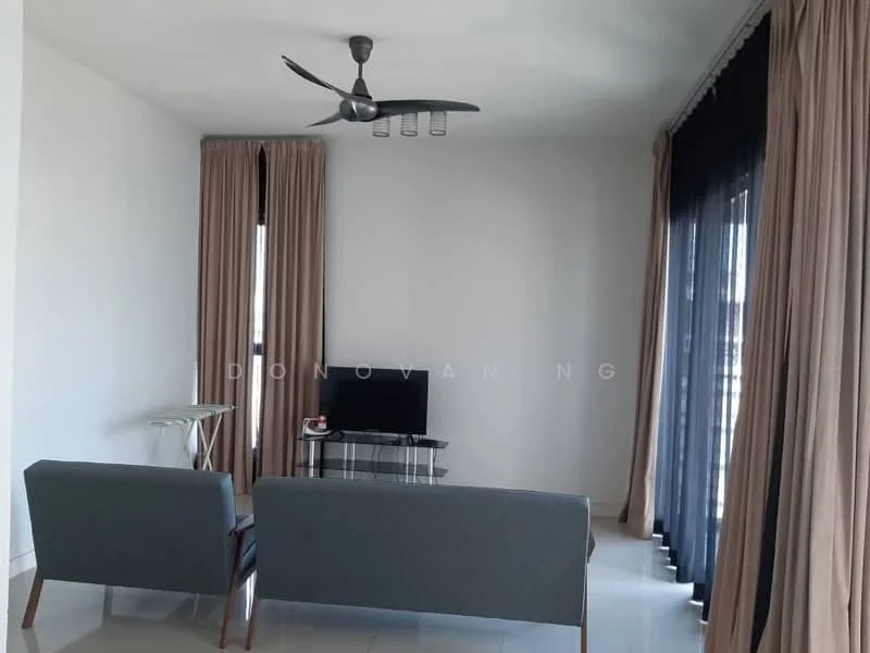 Living features: 2-seater fabric sofa in grey, glass coffee table, wall-mounted TV, TV console, 5-blade ceiling fan with light, floor-to-ceiling windows, sheer curtains, dark curtains, white painted walls, glossy tile flooring; style: modern.
