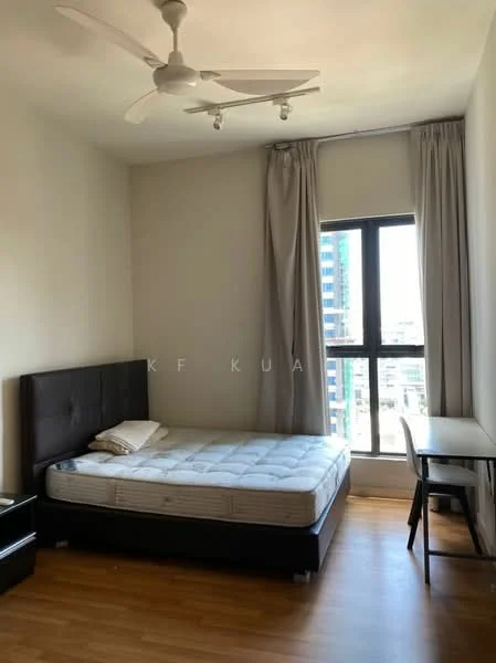 Bedroom features: queen-size bed, upholstered headboard, wooden flooring, floor-to-ceiling window, sheer curtains, 5-blade ceiling fan with light, study desk, chair, nightstand, decorative wall, city view; style: modern; view: city.