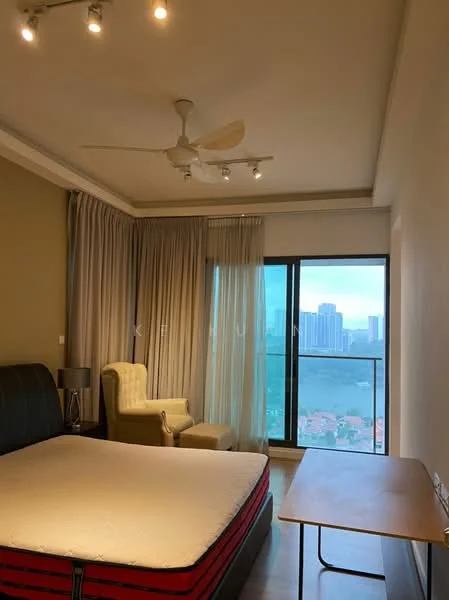 Bedroom features: queen-size bed, upholstered headboard, 5-blade ceiling fan with light, floor-to-ceiling windows, sheer curtains, wooden flooring, decorative armchair, side table, city skyline view; style: modern; view: city.