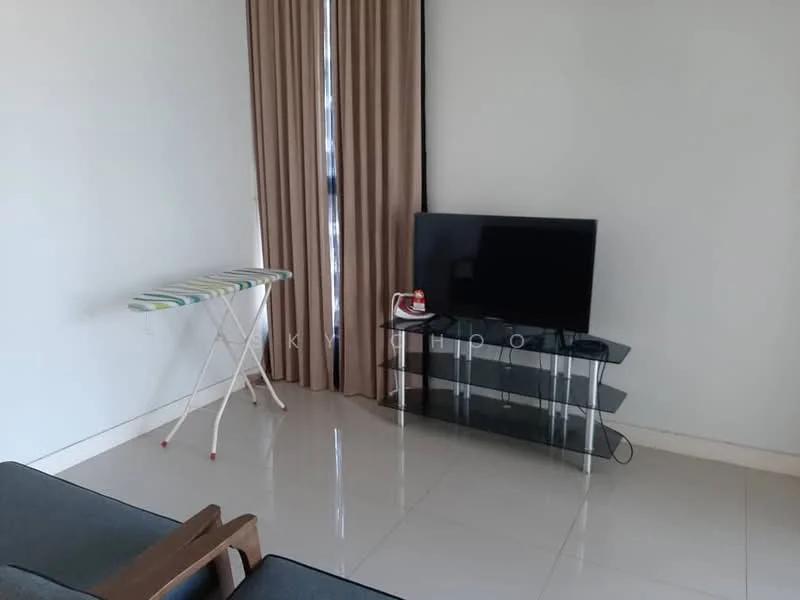 Living features: grey tiled flooring, white painted walls, floor-to-ceiling windows, sheer curtains, black TV console, flat-screen TV, ironing board, wooden armchair, decorative items on console; style: modern.