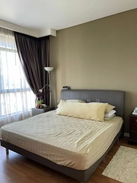 Bedroom features: queen-size bed, upholstered headboard, cream bedding, wooden flooring, floor-to-ceiling windows, sheer curtains, dark brown curtains, table lamp, nightstand, decorative items on nightstand, wall-mounted clock, painted accent wall in olive green; style: modern.