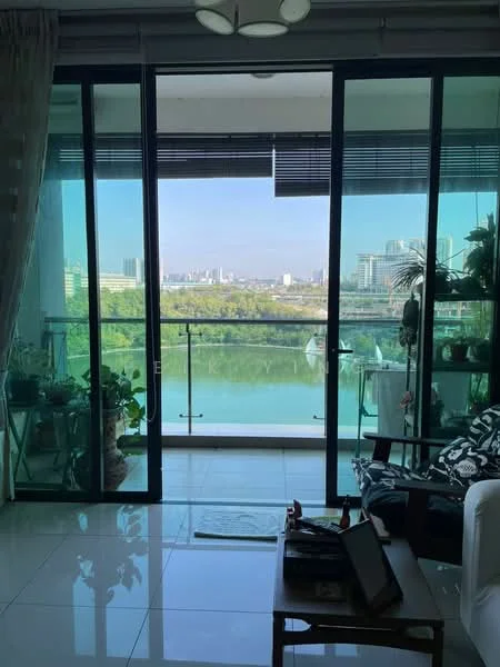 Living features: floor-to-ceiling windows, sliding glass door, white walls, white ceiling, recessed downlights, ceramic tile flooring, black and white patterned sofa, wood coffee table, indoor plants, decorative items on table, view of city skyline; style: modern; view: city.