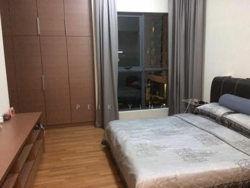 Bedroom features: queen-size bed with decorative bedding, upholstered headboard, wooden flooring, built-in wardrobe with sliding doors, large window with city view, grey curtains, nightstand, wall-mounted TV, decorative wall art, folding clothes drying rack; style: modern; view: city.