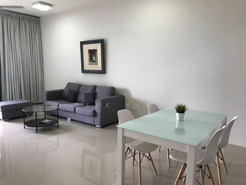 Living features: grey fabric sofa, round glass coffee table, white dining table, 4 white dining chairs, white painted walls, glossy tile flooring, floor-to-ceiling curtains, framed artwork on wall, indirect ceiling lighting; style: modern.