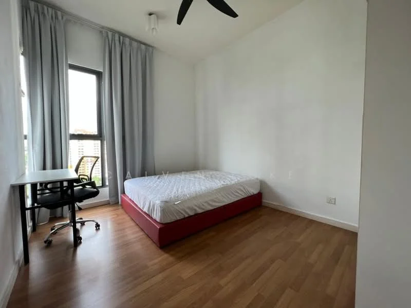 Bedroom features: queen-size bed with red base, wooden flooring, white painted walls, floor-to-ceiling window, sheer curtains, ceiling fan, study desk with chair; style: modern; view: city.
