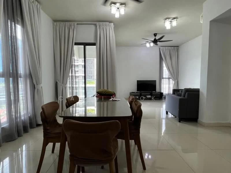 Dining features: 6-seater dining table, upholstered dining chairs, white painted walls, polished ceramic tile flooring, ceiling fan with light, floor-to-ceiling windows, sheer curtains, recessed downlights, area rug, living area visible in background, sofa in grey, coffee table; style: modern; view: city.