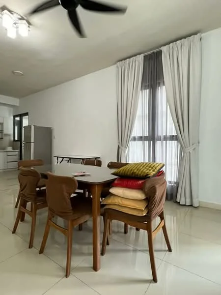 Dining features: round dining table, wooden dining chairs, cream curtains, floor-to-ceiling windows, white painted walls, glossy tile flooring, 5-blade ceiling fan, stacked cushions on chairs; style: modern. Kitchen features: stainless-steel fridge, open layout to dining area; style: modern.