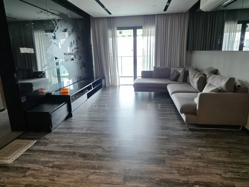 Living features: L-shape sectional sofa in light grey, wooden flooring, floor-to-ceiling windows, sheer curtains, black TV console, wall-mounted TV, recessed downlights, decorative wall with abstract design, balcony access, area rug, coffee table; style: modern; view: city.