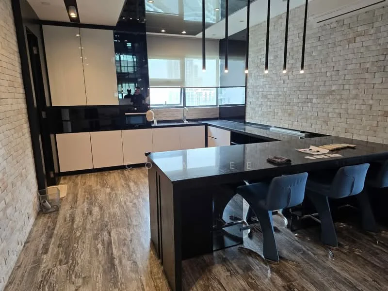 Kitchen features: black granite countertop, white cabinetry with flat-panel design, black cabinetry, stainless-steel microwave, built-in oven, 4-burner gas hob, single-bowl stainless-steel sink, chrome pull-down faucet, pendant lighting, wood-look laminate flooring, exposed brick wall, island with seating for 4, floor-to-ceiling windows; style: modern; view: city.