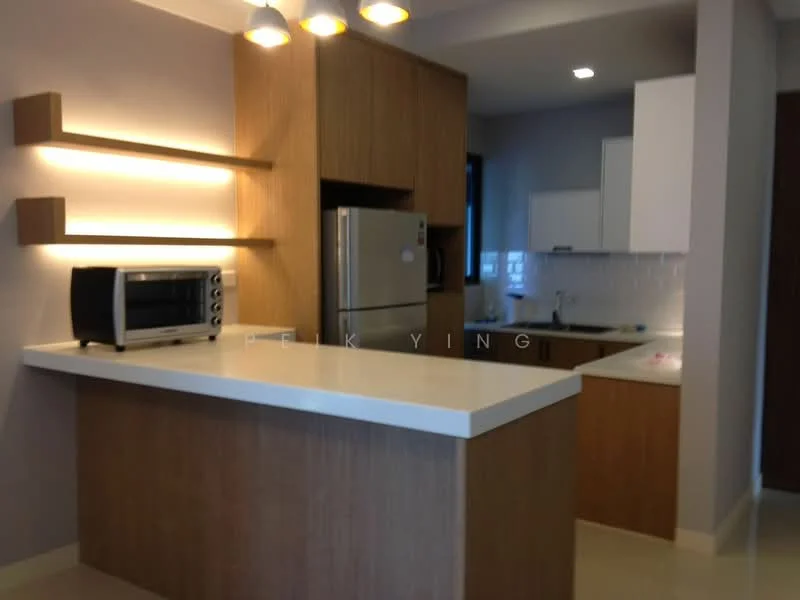 Kitchen features: white quartz countertop, wood cabinetry, stainless-steel fridge, built-in oven, microwave, ceramic tile backsplash, single-bowl stainless-steel sink, chrome pull-down faucet, pendant lighting, open shelving, light grey painted walls, cream tiled flooring; style: modern.
