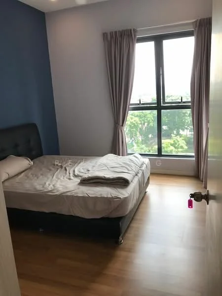 Bedroom features: queen-size bed, upholstered headboard, light-colored bedding, wooden flooring, blue accent wall, floor-to-ceiling window, sheer curtains, decorative wall, nightstand, door with handle; style: modern; view: garden.