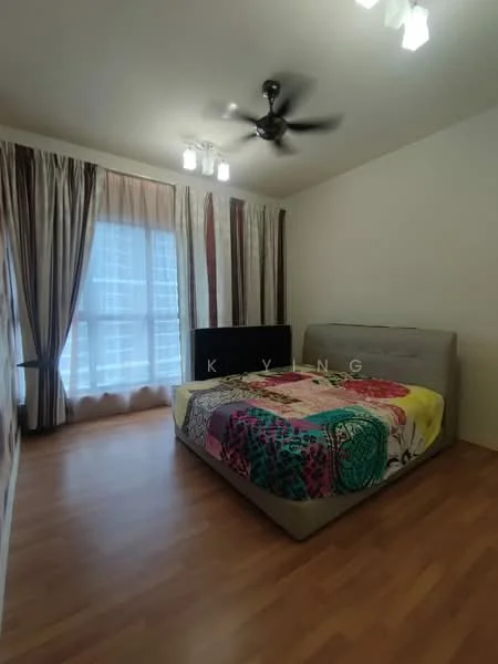 Bedroom features: queen-size bed with colorful bedding, wooden flooring, floor-to-ceiling windows, sheer curtains, blackout curtains, 3-blade ceiling fan, wall-mounted TV, decorative wall with patterned wallpaper, built-in wardrobe, area rug; style: modern; view: city.