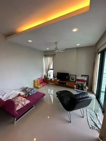 Living features: sofa in purple fabric, single black chair, TV console with wooden finish, wall-mounted TV, floor-to-ceiling windows, sheer curtains, recessed downlights, cream painted walls, polished tile flooring, ceiling fan with light, decorative cushions, decorative items on console; style: modern.
