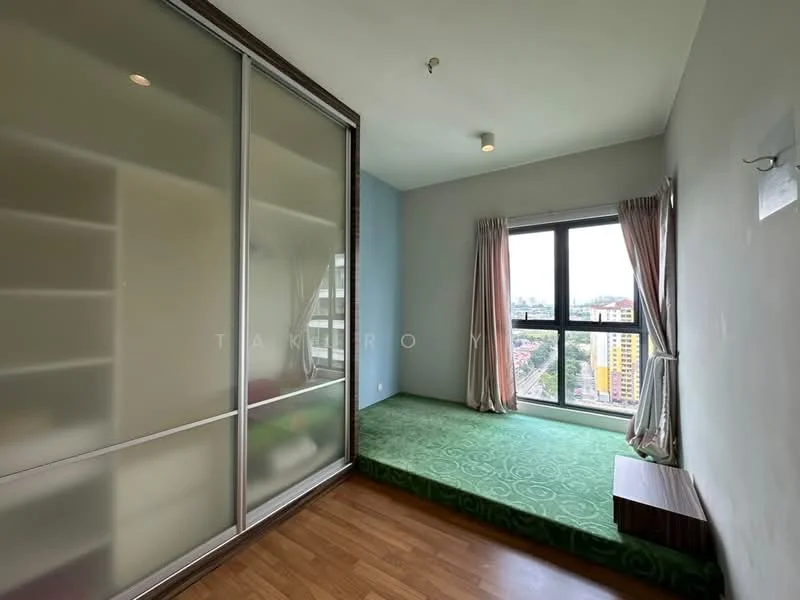 Bedroom features: green carpet flooring, large window with city view, built-in wardrobe with sliding doors, wooden bedside table, curtains, plain blue accent wall, neutral wall color, ceiling light fixture; style: modern; view: city.