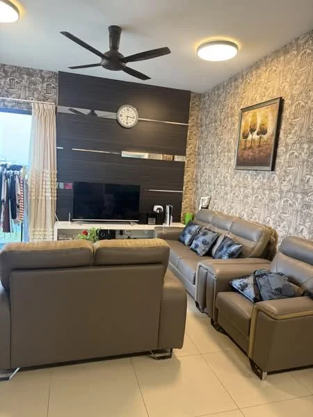 Living features: 3-seater leather sofa in grey, 2-seater leather sofa in grey, coffee table, wall-mounted TV, TV console, decorative wall clock, framed artwork, ceiling fan with light, light-colored tiled flooring, feature wall with wood paneling, wallpaper with floral pattern, sheer curtains; style: modern.