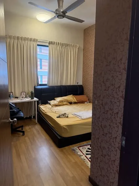 Bedroom features: queen-size bed with black upholstered headboard, yellow bedspread, wooden flooring, wall-mounted ceiling fan with light, window with sheer curtains, decorative wallpaper with floral pattern, side table with lamp, black office chair, area rug with geometric pattern; style: modern.
