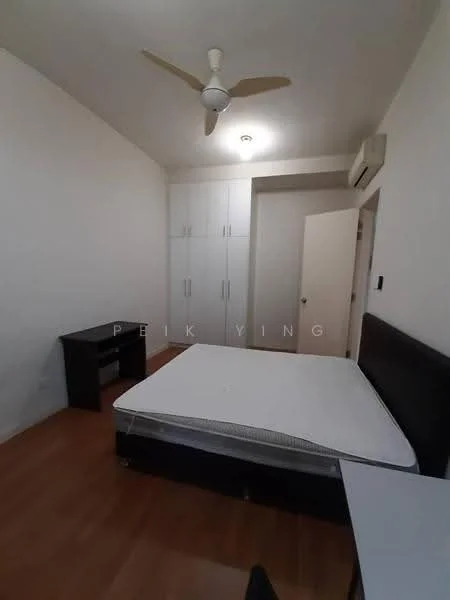 Bedroom features: wooden flooring, white painted walls, ceiling fan, built-in wardrobe with sliding doors, queen-size bed frame, nightstand, wall-mounted air conditioning unit, door leading to hallway; style: modern.