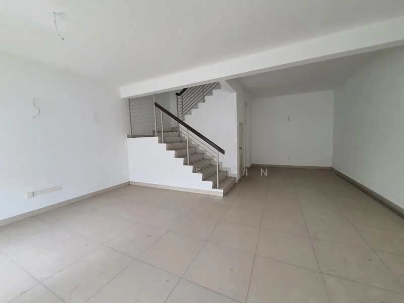Room features: white painted walls, tile flooring, staircase with metal railing, large open space, no visible furniture, natural light from windows, neutral color scheme, high ceiling; style: modern.