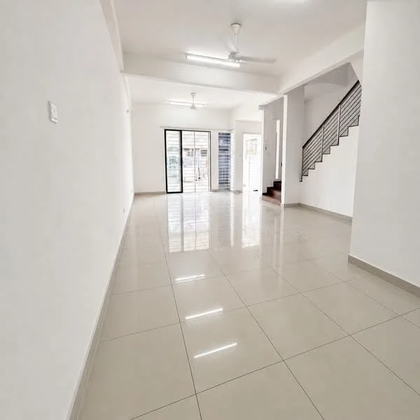 Living features: white painted walls, glossy ceramic tile flooring, ceiling fan, large sliding glass door, staircase with metal railing, natural light from windows, open layout, neutral color scheme; style: modern.