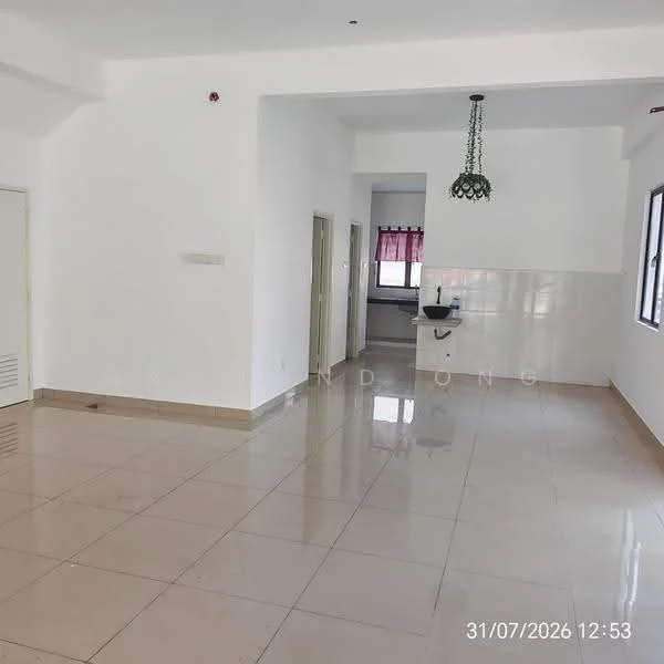 Living features: white painted walls, glossy tile flooring, recessed ceiling with pendant light, large window with natural light, open layout, neutral color scheme, wall-mounted air conditioning unit, doorway leading to kitchen; style: modern. Kitchen features: white tiled backsplash, single-bowl stainless-steel sink, wall-mounted cabinets, countertop space, window above sink; style: modern.