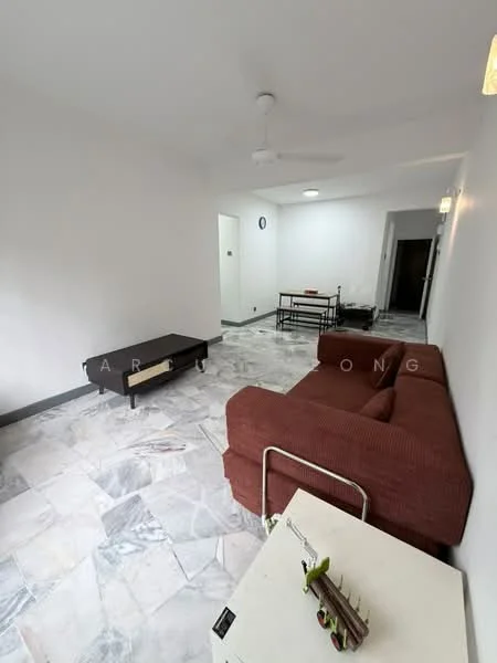 Living features: marble flooring, white painted walls, 5-blade ceiling fan, 3-seater fabric sofa in red, coffee table, dining table, wall clock, doorway leading to other rooms.